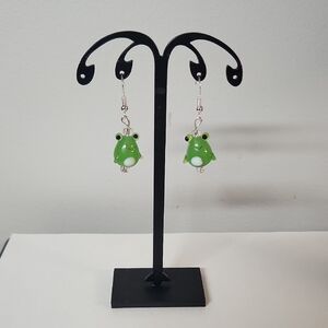Handmade Green Glass Frog Earrings